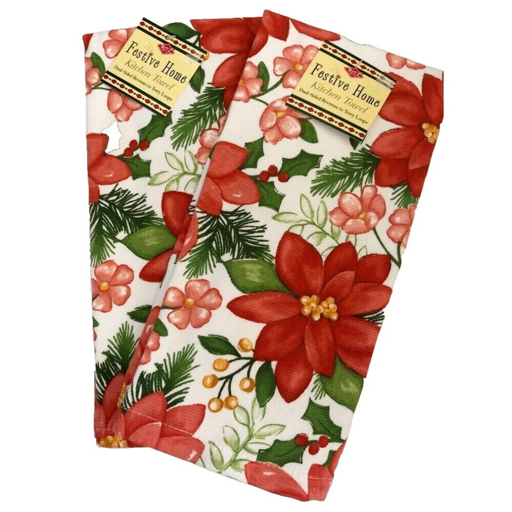 Christmas Ritz Poinsettia Dish Towels Holiday Reverses To Terry Cloth Set of 2